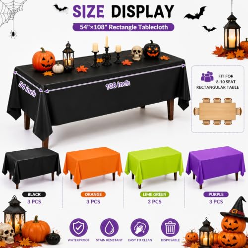 Halloween Plastic Rectangle Tablecloths Set - 54 x 108 Inches, 12 Pack - Variation of Halloween