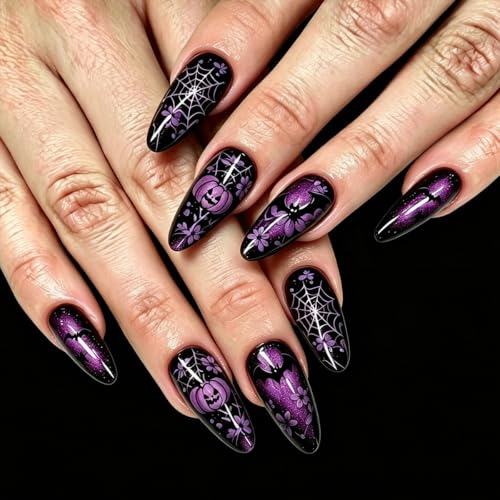 Halloween Press On Nails Medium Almond Glitter Purple Style-16 - 24Pcs