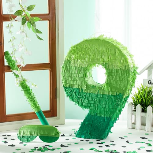 Number 9 Piñata - 16 Inch Green Birthday Party Pinata with Stick & Blindfold