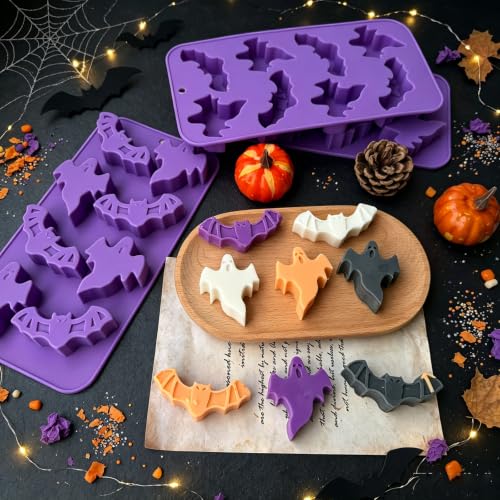 Halloween Ghost & Bat Silicone Mold Set - 3 Pcs Food-Grade Candy & Chocolate Molds with Purple Variation