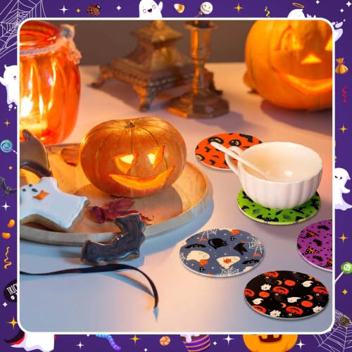 Halloween Coasters Set - 16 Spooky Ghost Pumpkin Bat Skull Drink Mats - Non-Slip 4 Inch Round PVC Party Supplies