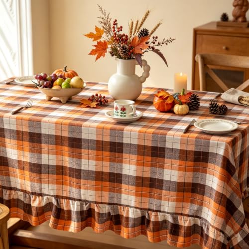 Orange Brown Ruffled Thanksgiving Tablecloth 60x60 Inch Square - Farmhouse Fall Decor