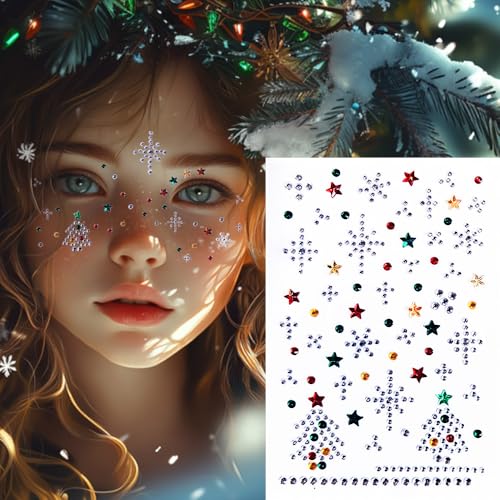 Christmas Face Gems with Snowflake, Tree & Elk Variations, Self-Adhesive Face Jewels for Makeup & Raves