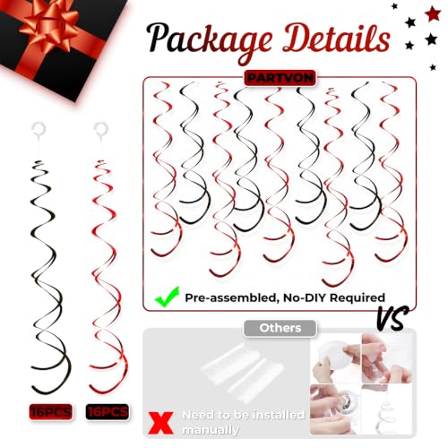 32 PCS Red Black Hanging Swirl Decorations - Sparkling Ceiling Streamers for Party
