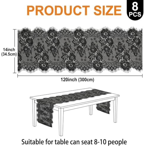 8pcs Halloween Black Lace Table Runners - Elegant Gothic Table Decor 14x120 Inch