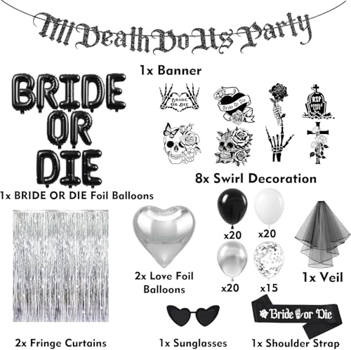 Bride or Die Bachelorette Party Decorations Kit Black & White 100pcs