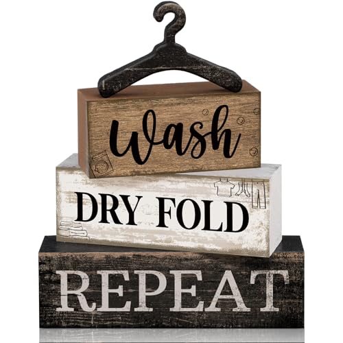 Farmhouse Laundry Room Decor 4-Piece Stacked Wooden Blocks - Rustic Home Accent - Laundry Variation