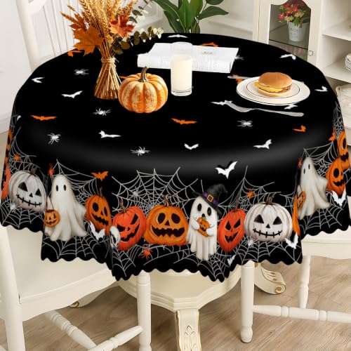 Black Halloween Pumpkin Ghost Tablecloth 60 Inch Round Home Decor