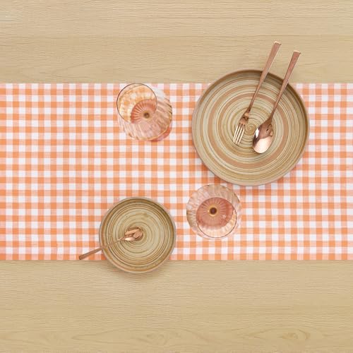 Pure Linen Apricot Table Runner 14x120 Gingham Check - Handmade, Formal Dining