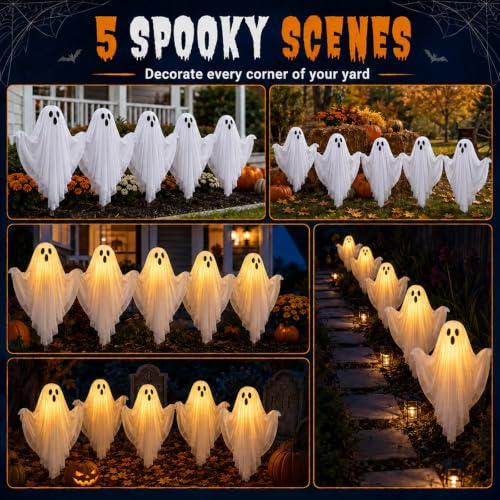 Set of 5 Halloween Lighted Ghost Stakes - Spooky Outdoor Yard Decorations with Remote Control & Timer - 17.7 Inch Glowing Ghost Pathway Lights