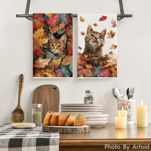 Set of 2 Maple Leaves Fall Kitchen Towels - 18x26 Inch Absorbent Dish Towels