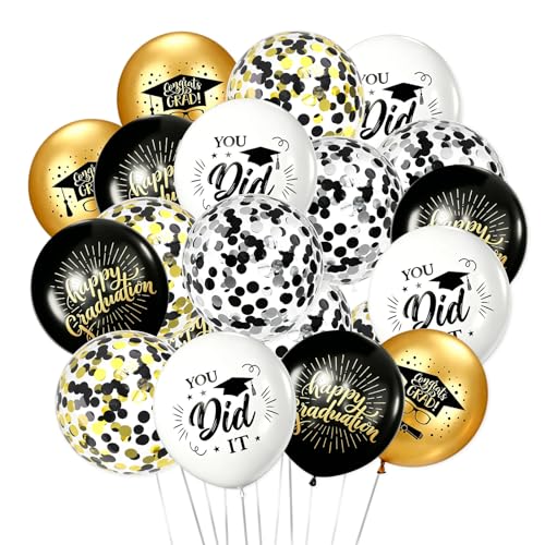 Printed Graduation Balloons 61pcs Black Gold Silver Confetti Latex Party Decorations