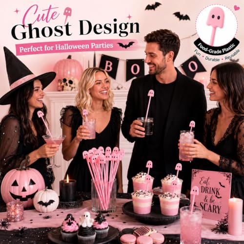 30 Pcs Halloween Pink Ghost Drink Stirrers - Fall Cocktail Swizzle Sticks
