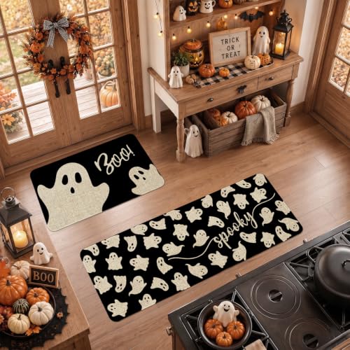 Halloween Kitchen Mat Set of 2 - Ghost Boo Black Halloween Rugs with Variation