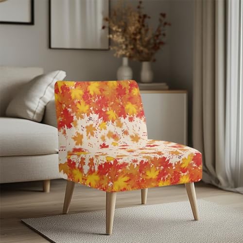 Stretch Armless Accent Chair Cover - Falling Maple Leaves Design, Furniture Protector for Living Room Thanksgiving