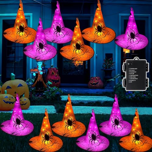 12 Pcs Lighted Halloween Witch Hat Decorations with 8 Modes - Outdoor String Lights