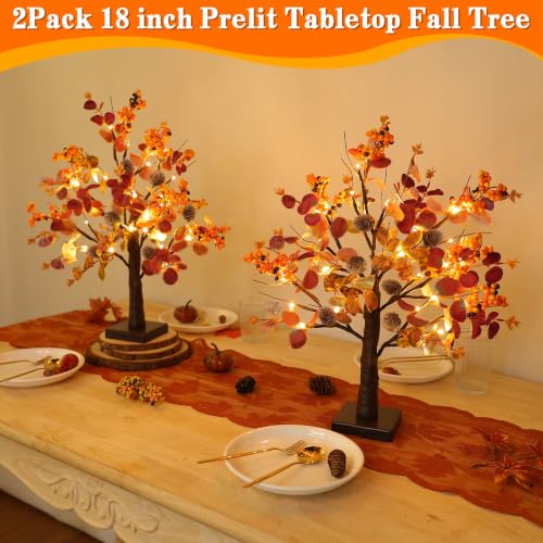 Prelit Fall Trees - 2 Pack 18-Inch Battery-Operated Autumn Decor with Timer