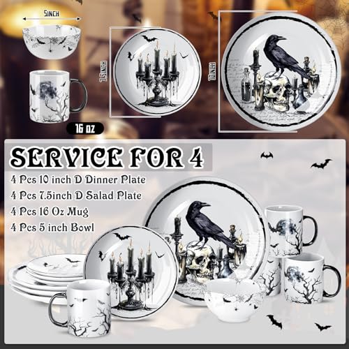Halloween Gothic Dinnerware Set - Ceramic 16 Pcs Serve 4 Guests - Pickmesh