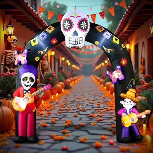 Large Halloween Inflatable Archway with LED Lights - Day of the Dead Skeleton & Sugar Skull Decor