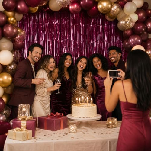 GCB 2-Pack Burgundy Metallic Tinsel Fringe Curtains for Party Backdrop & Door Decor