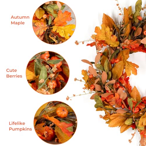 Fall Wreath for Front Door 24 Inch Autumn Leaves Pumpkin Outdoor - Orange