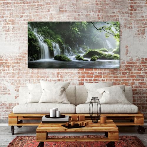 Forest Waterfall Canvas Wall Art - 57.8" x 30" Green Forest Nature Landscape Painting for Living Room & Bedroom - Waterfall Water Scene Wall Decor