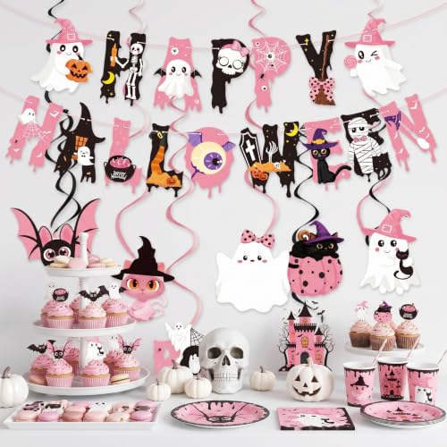 Pink Halloween Ghost Decorations Set – Hanging Swirls & Banners for Girls Parties