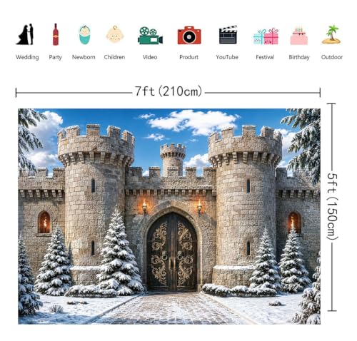 Medieval Castle Backdrop Banner 7x5FT Winter Stone Fortress Gate Scene - Fantasy Photo Decor