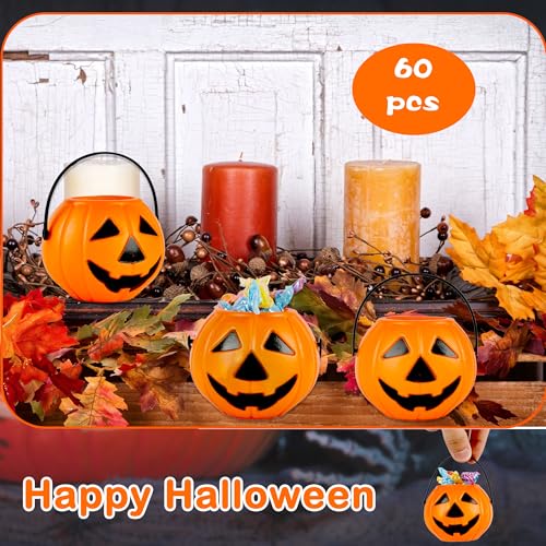Mini Pumpkin Buckets Bulk 60 Pack for Halloween Candy Trick or Treat Party Decorations