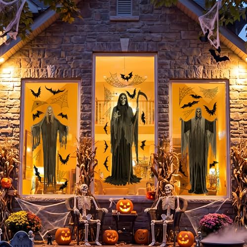 Halloween Skeleton Window Clings - Extra Large Ghost & Bat Decor, 3 Sheets