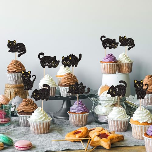 Cat Cupcake Toppers Black Glitter Silhouette 24Pcs - Variation Cat-3