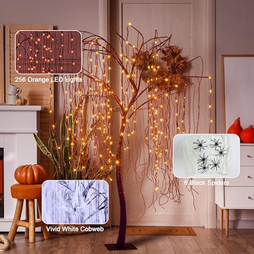 7 Ft Halloween Lighted Willow Tree with 256 LED Orange Lights and Spiders Outdoor Indoor Decor Variation: Orange