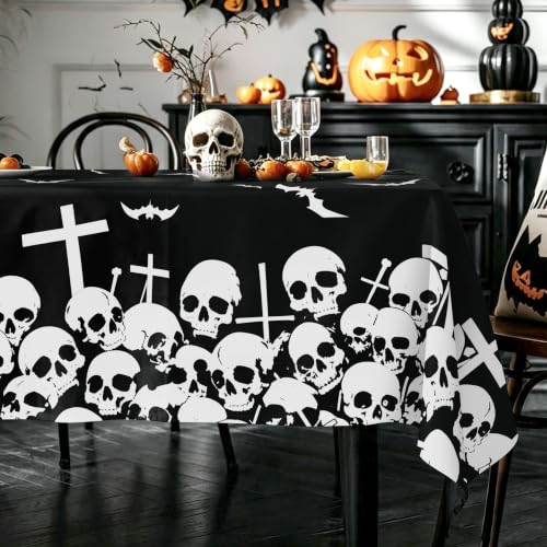 Halloween Rectangular Tablecloth 60 x 120 Inch Spooky Skull Flying Bat Design - Washable Indoor Outdoor Holiday Decor Variation of THIS listing