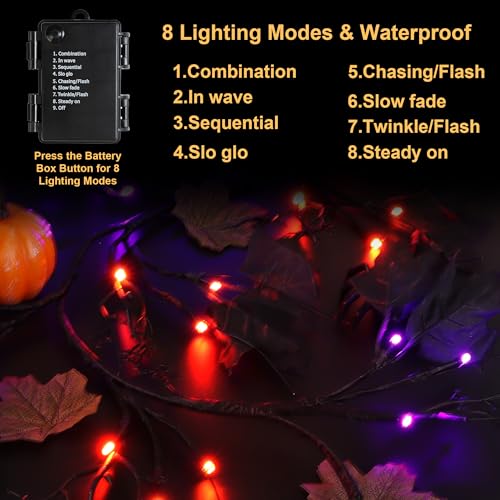 Halloween Willow Vine Twig Garland with 72 LED Lights - 9ft Orange & Purple, 8 Modes & Timer
