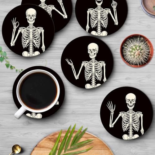Skeleton Skull Coasters Set of 6 - Ceramic Stone Vintage Drink Protectors