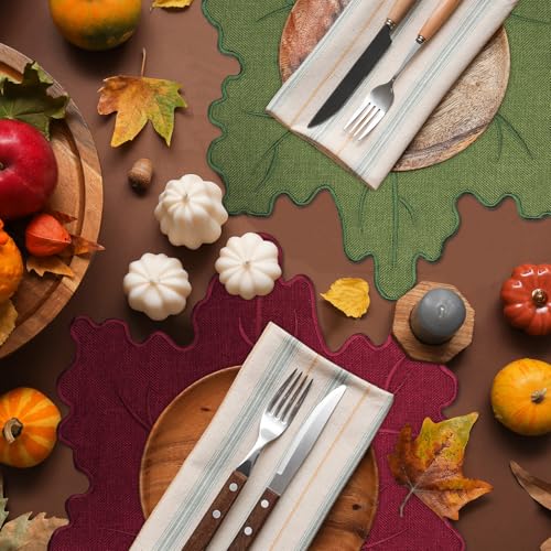 8 Pcs Maple Leaf Linen Placemats - Embroidered Washable Table Decor - Classic Design