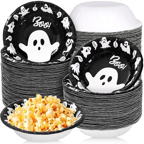 Halloween Ghost Paper Bowls - Black and White Disposable 12oz 100 Pack