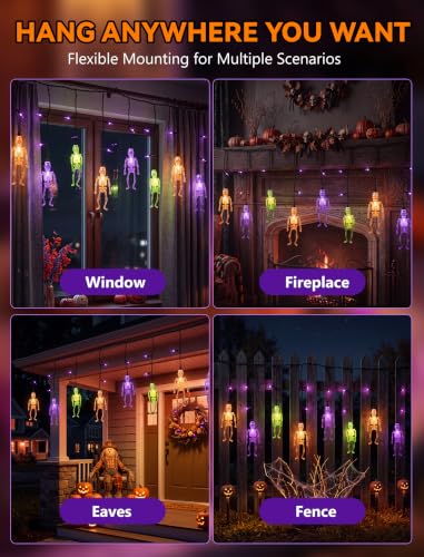 Skeleton Lights Halloween Skull String Lights - 7Ft Outdoor Purple & Orange LED Curtain with Variation