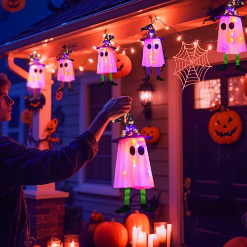 6-Pack Halloween Hanging Ghost Lights with Witch Hats - Outdoor Decor, Purple & Orange, Waterproof, Timer