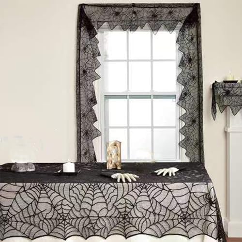 Halloween Lace Tablecloth 70 Inch Round Black Bat Spider Web Decorations Gothic Style