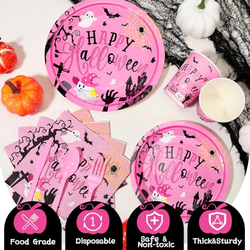 Pink Halloween Party Supplies Dinnerware Set for 24 Guests - Plates Cups Napkins