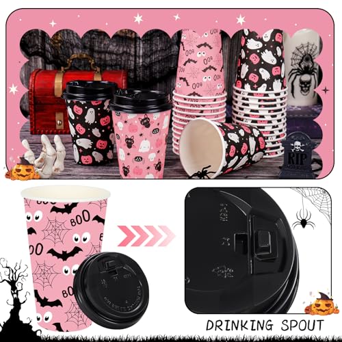 Pink Halloween Disposable Coffee Cups with Lids - 12oz Ghost Bat Pumpkin Set, 72 Pack