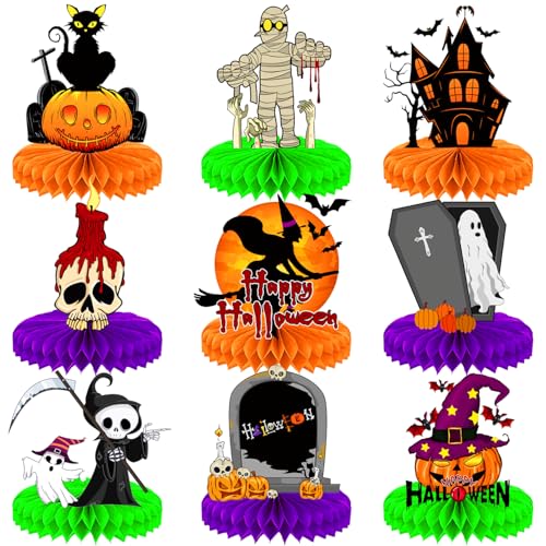 Halloween Honeycomb Table Decorations - 9 Pcs Spooky Centerpieces, Ghost, Pumpkin & More - Halloween