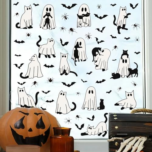 Halloween Window Clings Pack - Ghost, Cat, Bat & Spider Web Stickers - Style1