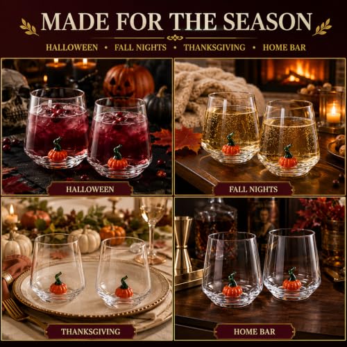 Pumpkin Wine Glasses Set - 2 Pack Halloween Fall Stemless Cups for Parties & Home