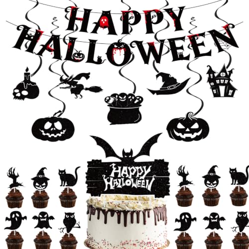 Halloween Party Decoration Set with Banner, Hanging Swirls, Cake & Cupcake Toppers