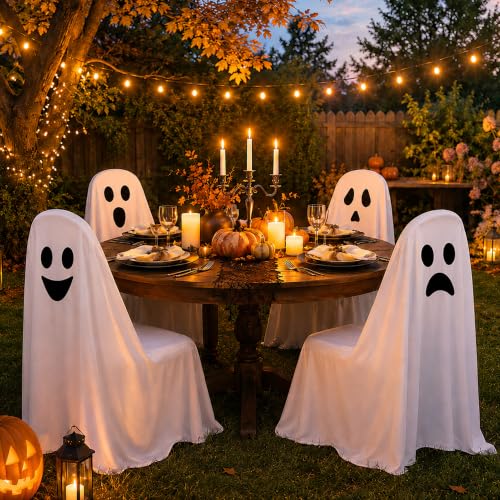 Halloween Ghost Chair Covers Set of 4 - 59x63 Inch Spooky Decor for Chairs