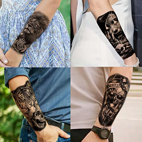 Temporary Tattoos for Men Women 70 Sheets Realistic Wolf Tiger Lion Black Animals Variation