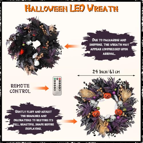 Halloween Wreath with Lights - Gothic Pumpkin Door Decor, 24 Inch