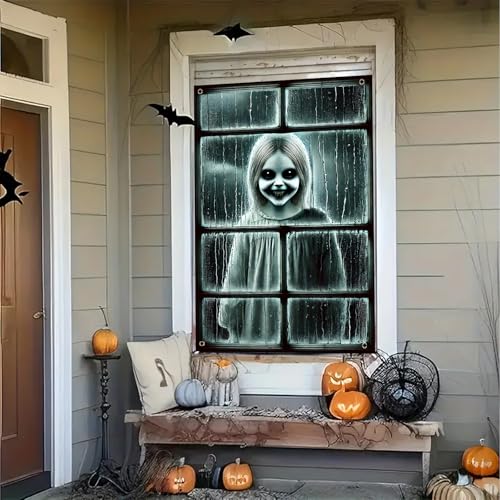 Halloween Ghost Window Cover - Rainy Scene, 31x47 Inch Polyester Decor